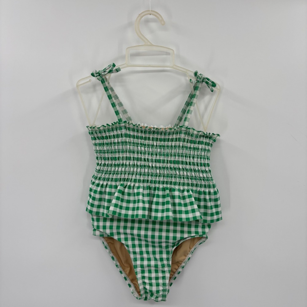 Old Navy One Piece‎ Swimsuit Kids 4T Green Gingham Smocked Peplum Tie Shoulder